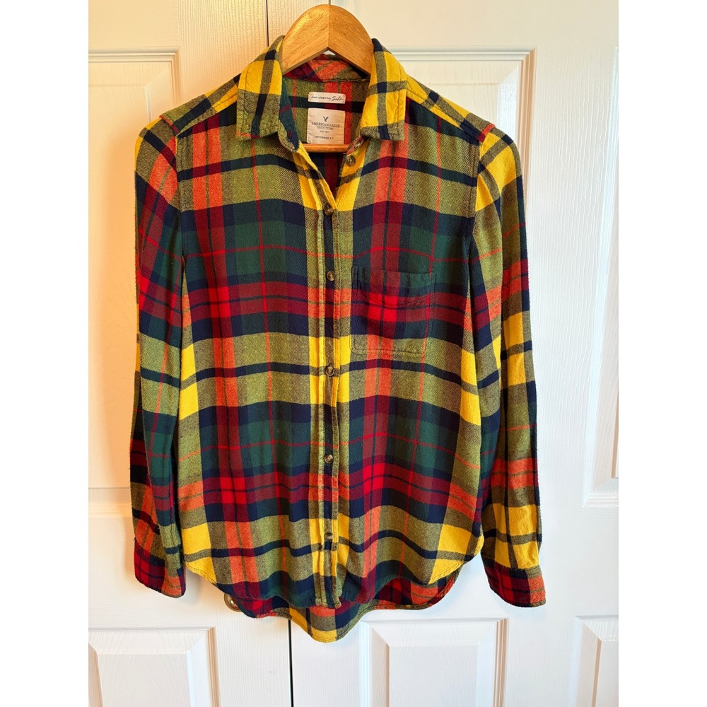 American Eagle Outfitters Plaid Flannel Shirt XS Boyfriend Multi Color Viscose